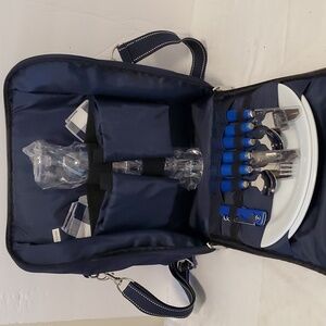 Navy Picnic Backpack for Two With Dishes Wine Glasses